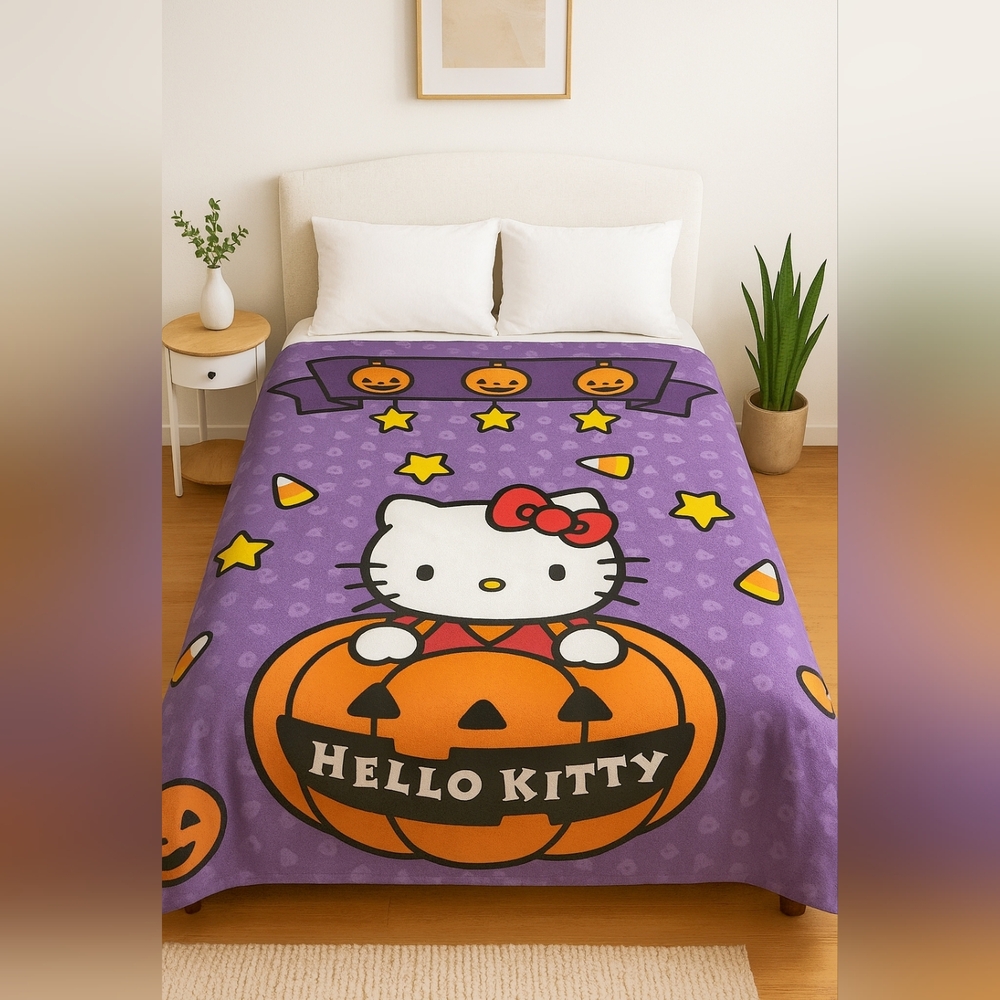 Hello Kitty HALLOWEEN pumpkin Plush Blanket 59"x 79" Orange & Purple